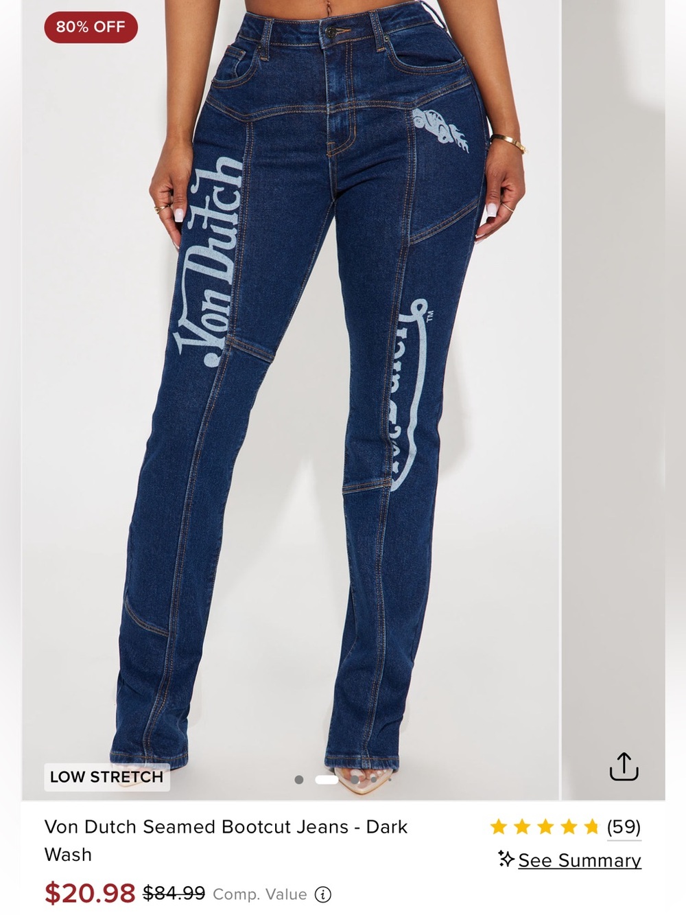 Von Dutch Dark Blue Graphic Seamed Bootcut Jeans